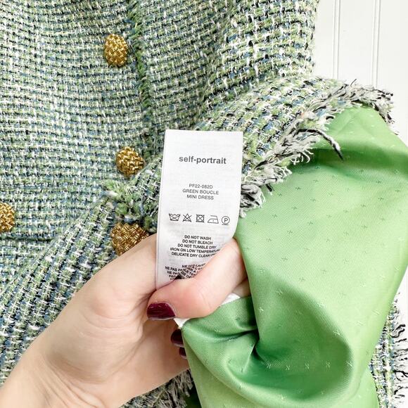 Self-Portrait Green Bouclé Tweed Mini Dress Short Sleeve Button Front Sz 10 NWT - Picture 10 of 12